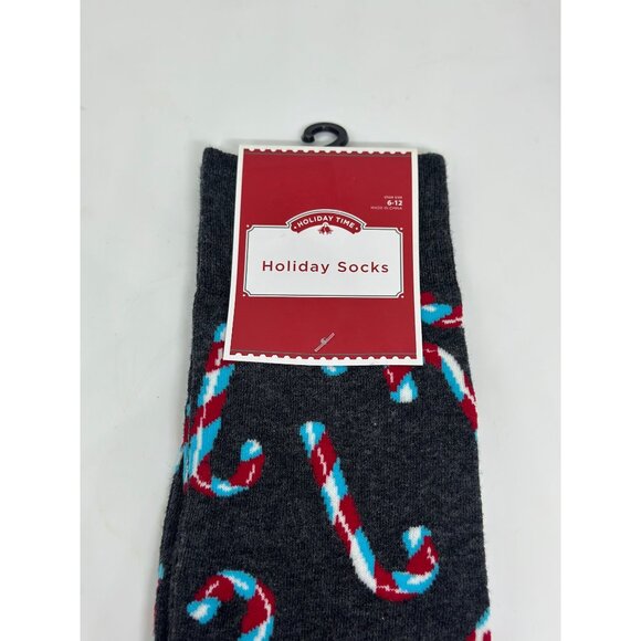 NEW Holiday Time Candy Cane Men's Crew Socks Gray Red Blue Size 6-12 NWT Walmart - Picture 2 of 3